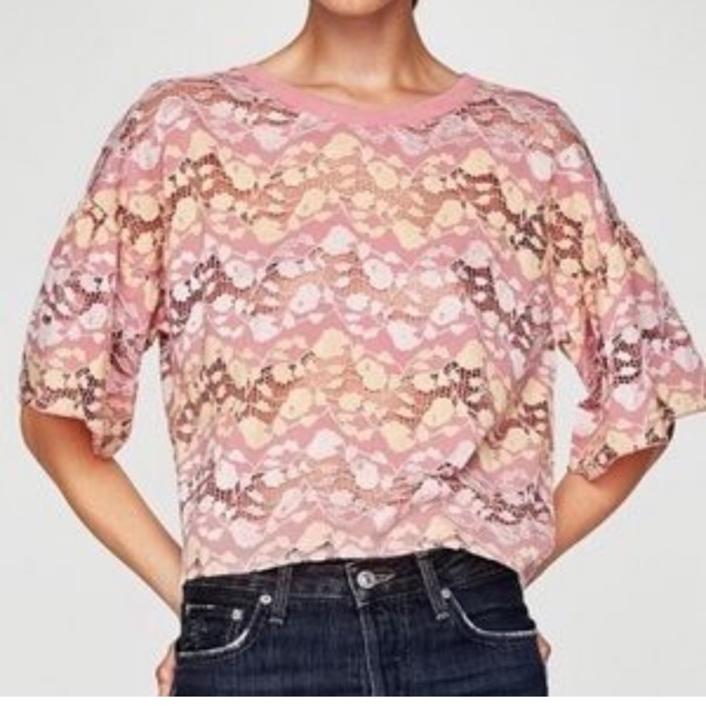 Zara women lace crop top S pink y2k casual retro coquette see through mesh Fairy